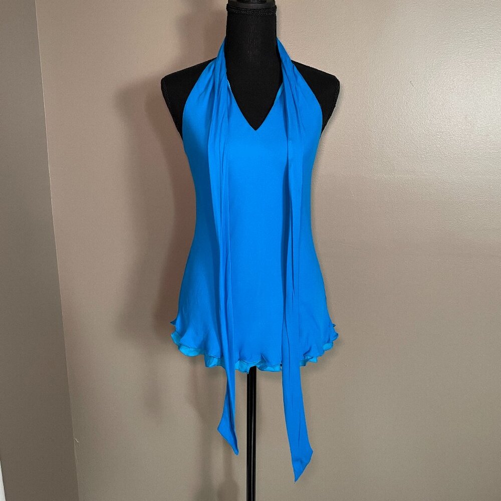 CACHE Vintage 100% Silk Electric Blue Halter Scarf Tunic Top S Y2K